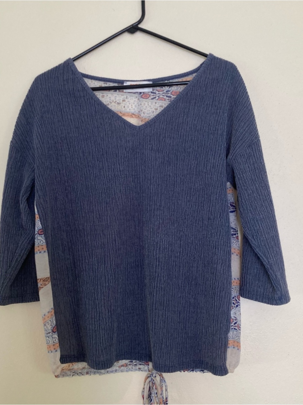 Renee C. 3/4” Sleeve V-Neck Gray Front Sheer Back with Tie SZ S